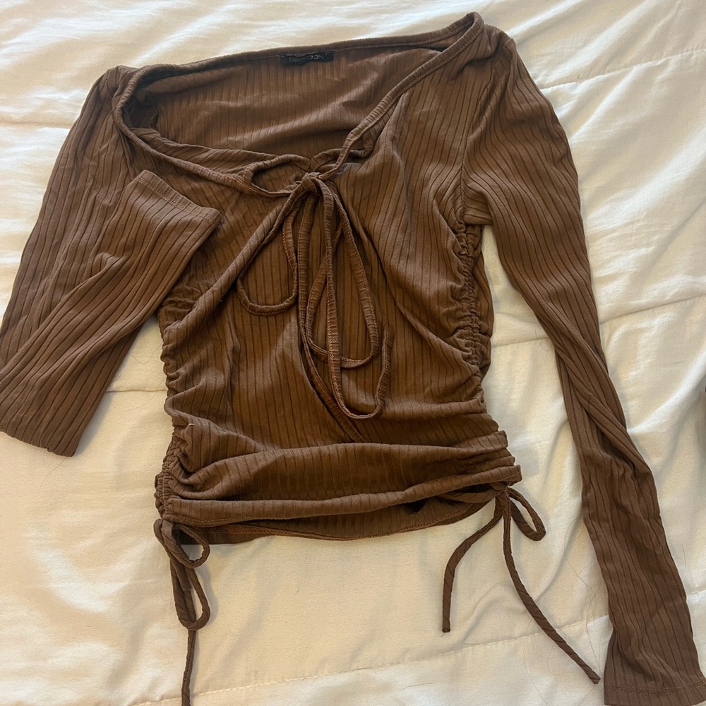 Papermoon Brown Ribbed Tie-Front Blouse